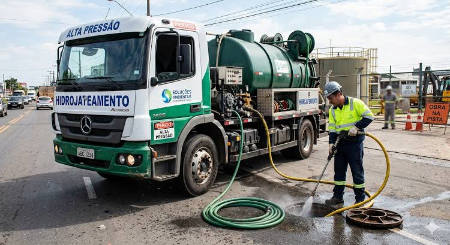 Caminhão hidrojato de alta pressão com identidade visual FA